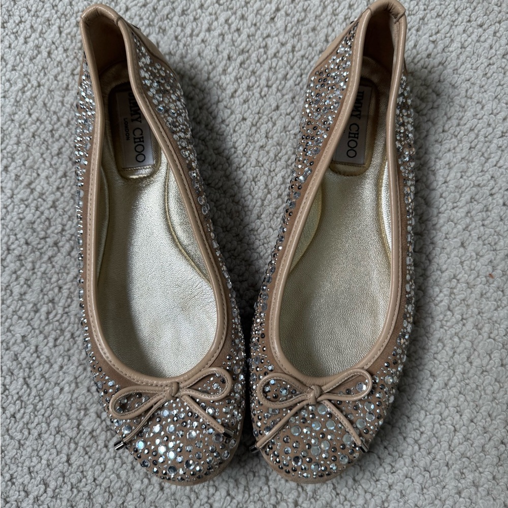 Jimmy Choo Beige Crystal Embellished Flats